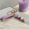 Aesthetic Key Ring Silicone Flower Keychain with Faux Leather Wristlet, Car Lanyard Pendant, Handbag Backpack Charm Wood Beads Bead Wristlet