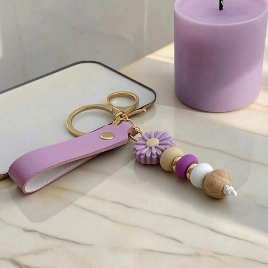 Aesthetic Key Ring Silicone Flower Keychain with Faux Leather Wristlet, Car Lanyard Pendant, Handbag Backpack Charm Wood Beads Bead Wristlet