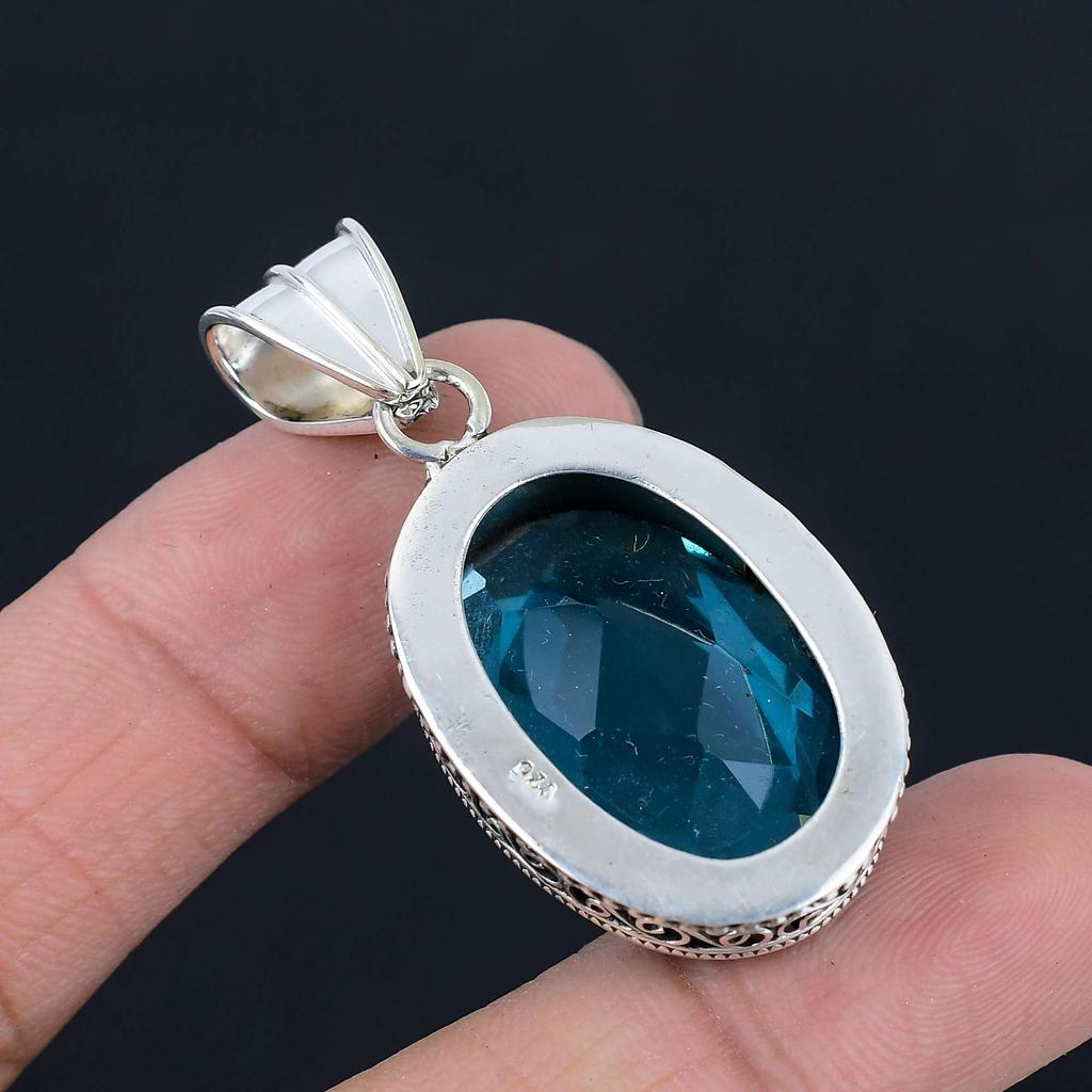 Pendentif en pierre précieuse topaze bleue en argent sterling massif 925, bijoux cadeau pour unisexe