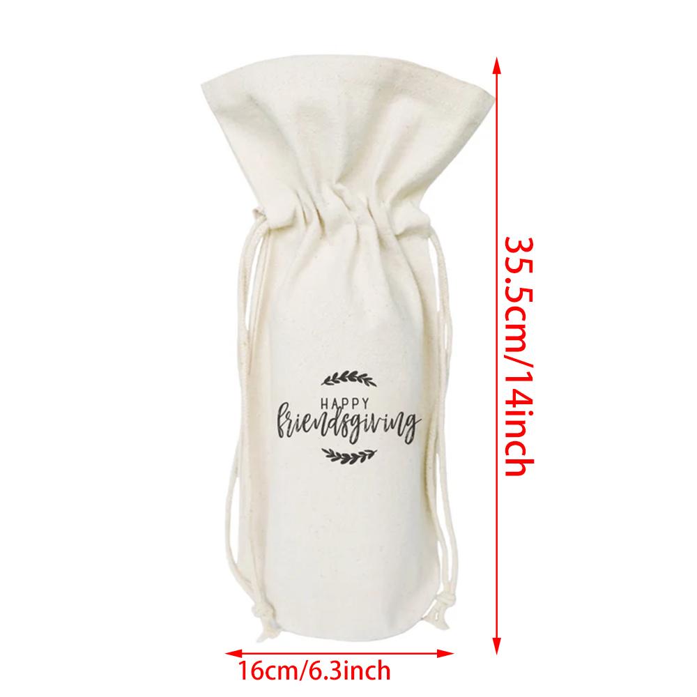 Happy Friendsgiving Canvas Wine Bag Fall party Decor Autumn Harvest Drawstring Bag Thanksgiving Dinner Table Setting Host Gift