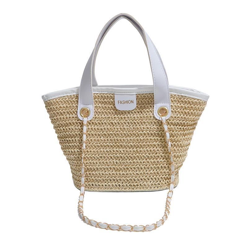 Women's 2026 Korean-Style Vacation Straw Bag: Handheld, Large Capacity, Chain Shoulder, Simple Fruit Basket Design