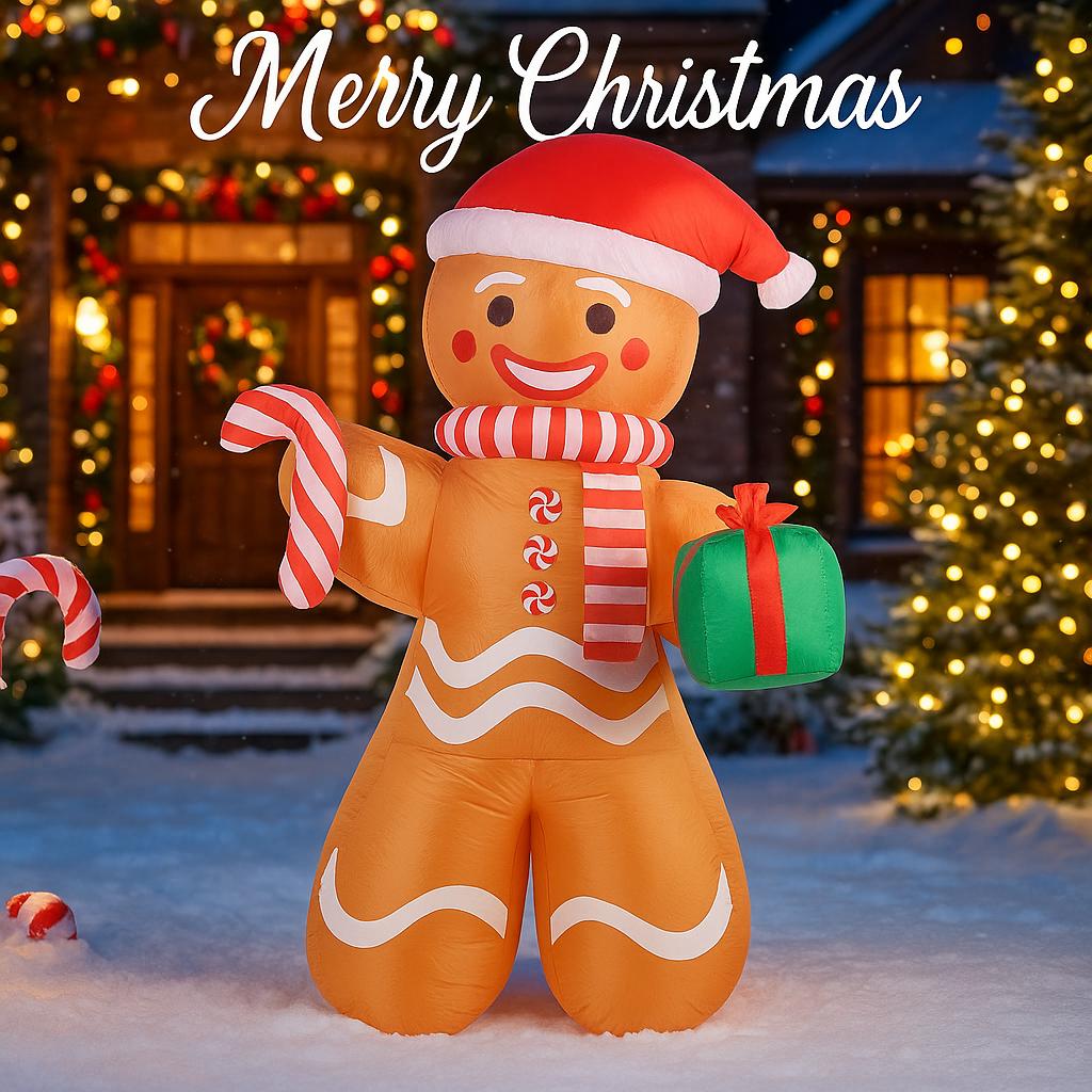 7.87FT Inflatable Toy Gingerbread Man Candy Cane Gift Xmas Yard Lawn Party Decoration with LED Lit Christmas Home Supplies Gift