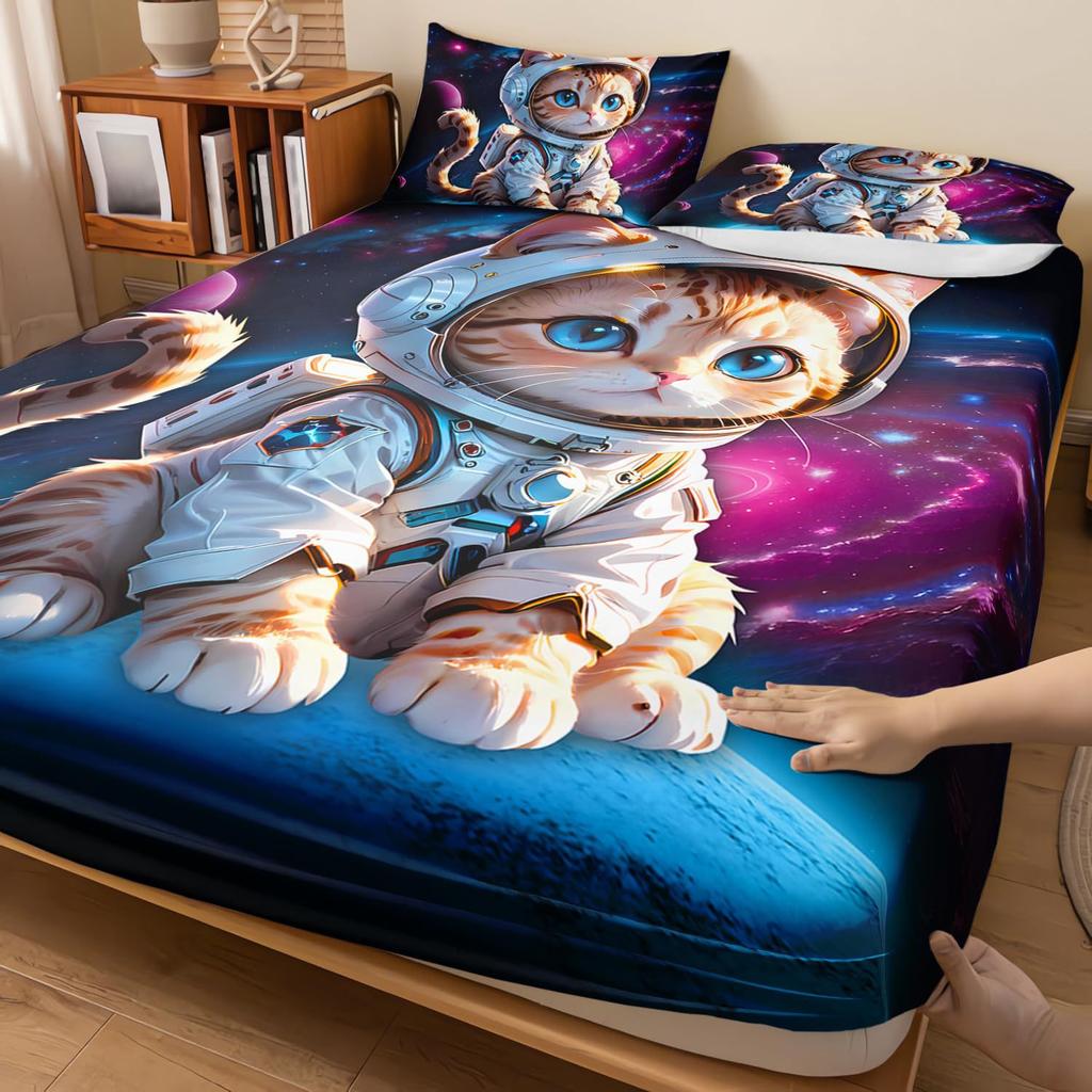 Astronaut Cat Pattern Bed Hat Three-Piece Digital Printing Bedding Bed Hat Three-Piece Set Children Adult