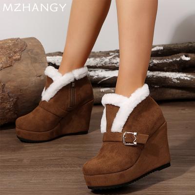 Damen Wildleder Keilabsatz Stiefeletten Fell Super High Heels Schuhe Frau 2025 Trend Mode Winter Elegant Warme Pumps Schneestiefel Mujer
