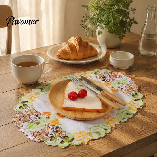 Oval Lace Table Linens Cute Rabbit Placemats, Cartoon Bunny And Tulip Placemat, Hollow Out Floral Kitchen Decor Accessories Place Mat, Fabric