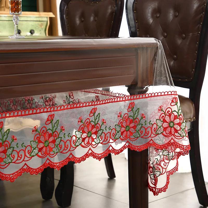 Waterproof Table Cloth PVC Transparent Soft Dining TableCloth Lace Embroidered Oil-proof Table Cover Coffee Table Crystal Plate