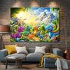 Lebendige Dinosaurierwelt Kulisse Kinder Dschungellandschaft mit Regenbogen Fotokabine Hintergrund Banner für Party Dekoration