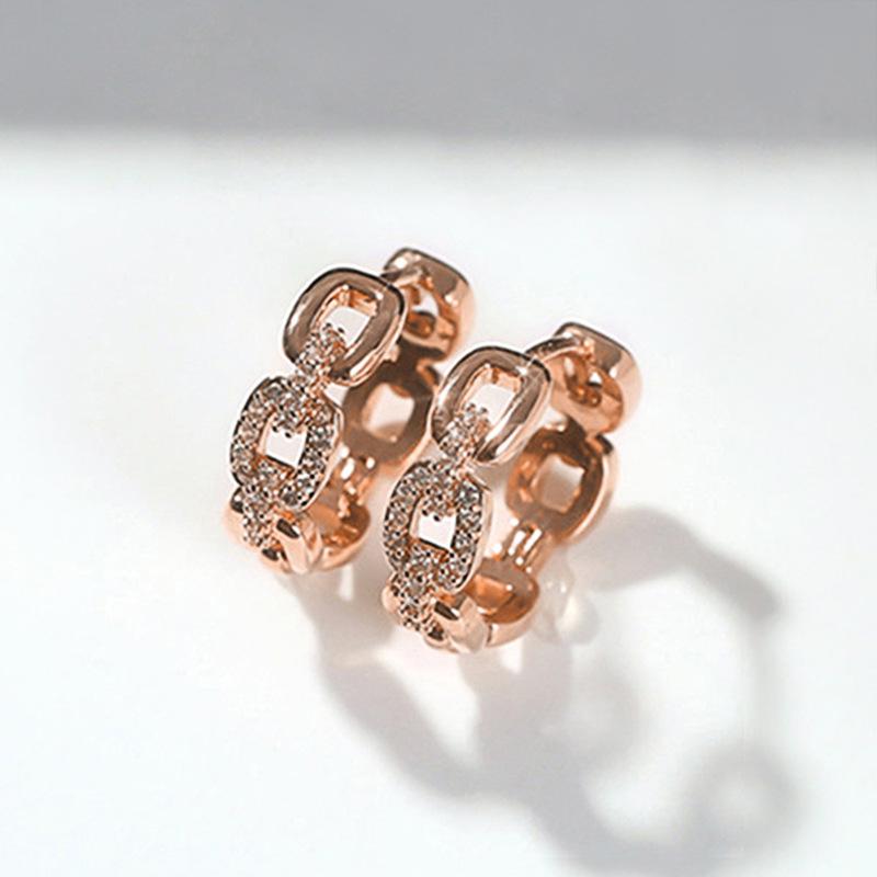 Rose Gold Plated Chain Link CZ Huggie Hoop Earrings, Pave Crystal Link Earrings for Women