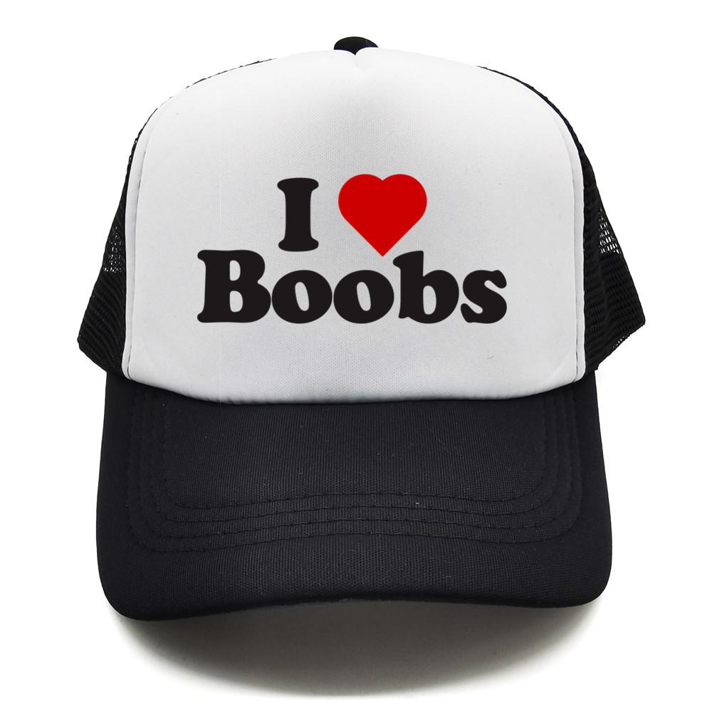 Funny I Love Heart Boobs Boobies Baseball Caps Summer Men Mesh Net Hat Joke Gifts Trucker Cap Outdoor Mesh Net Caps MZ079