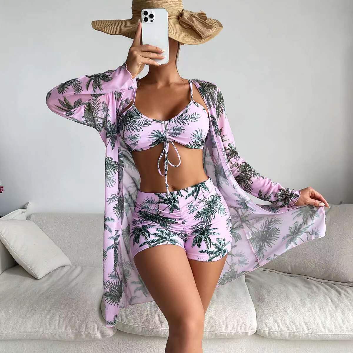 

New multi-color mesh blouse fashionable and sexy leg-length pants three-piece women s swimsuit XL