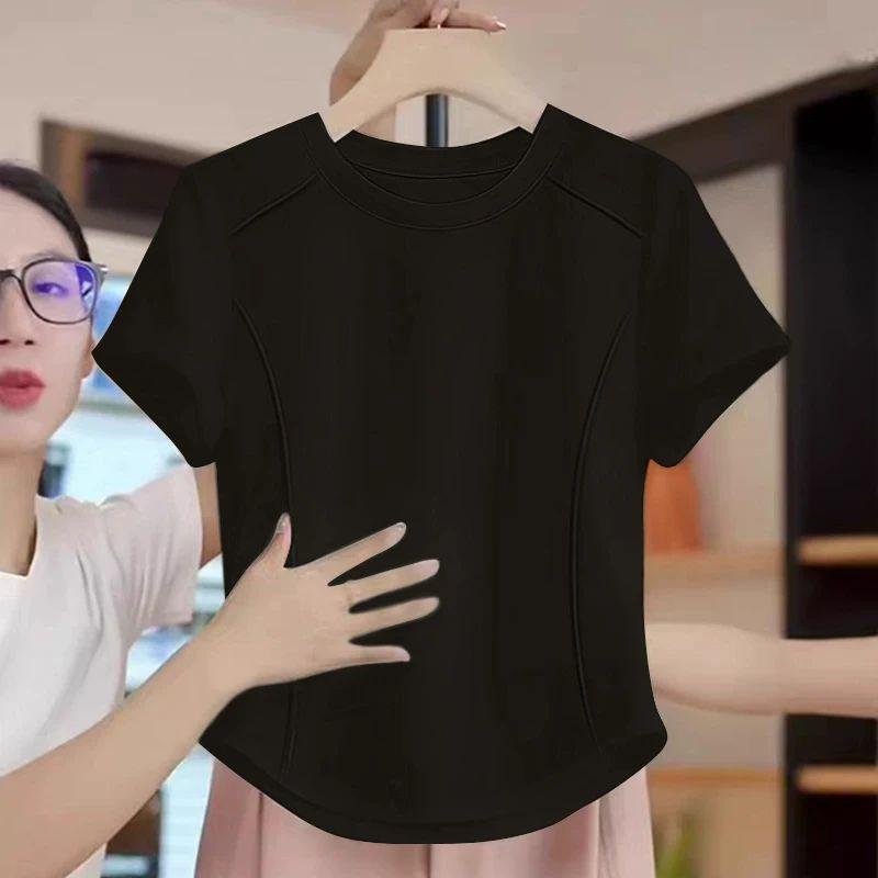 

150kg Plus Size Women s Regular Shoulder Cartoon Fishbone Waist-Cinching Short-Sleeve T-Shirt 2026 New Style for Plus-Size Women, Very Stylish Top Black - Solid Color 4XL 90-105kg