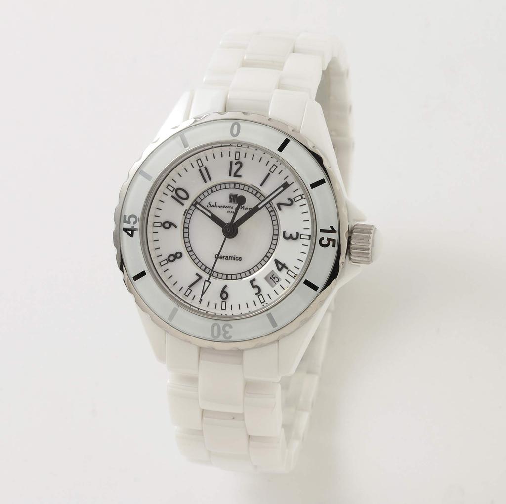 Salvatore Marra Ceramic Analog Quartz Rotating with Cloth Men's Watch, Waterproof, Bezel, White, WHA,