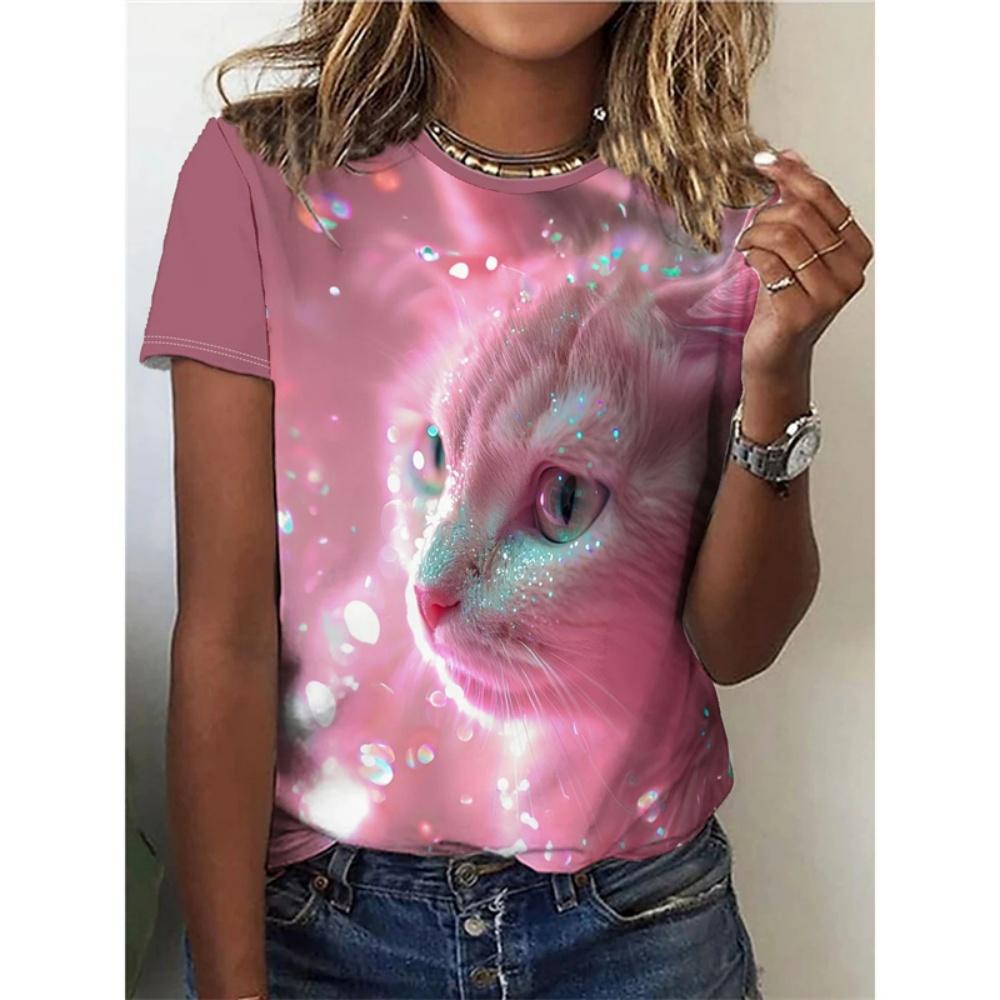Sommer Rundhals 3D Lustiges Katzenmuster Druck Top Modische Lässige Kurzarm Damen T-Shirts