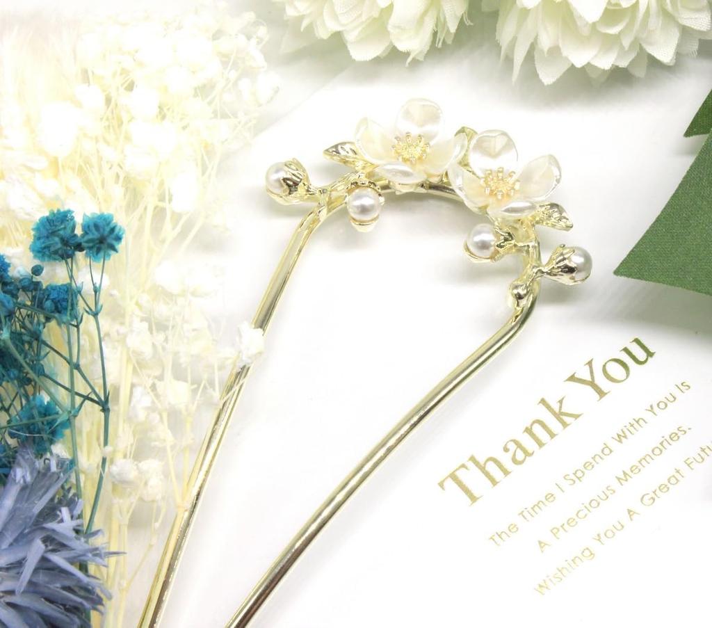 [Miaomyao] Kanzashi U-shaped Hair Ornament for Japanese Clothing, Yukata, Kimono, Pearl, White Plum Blossom, Gold, Antique Hair Accessory