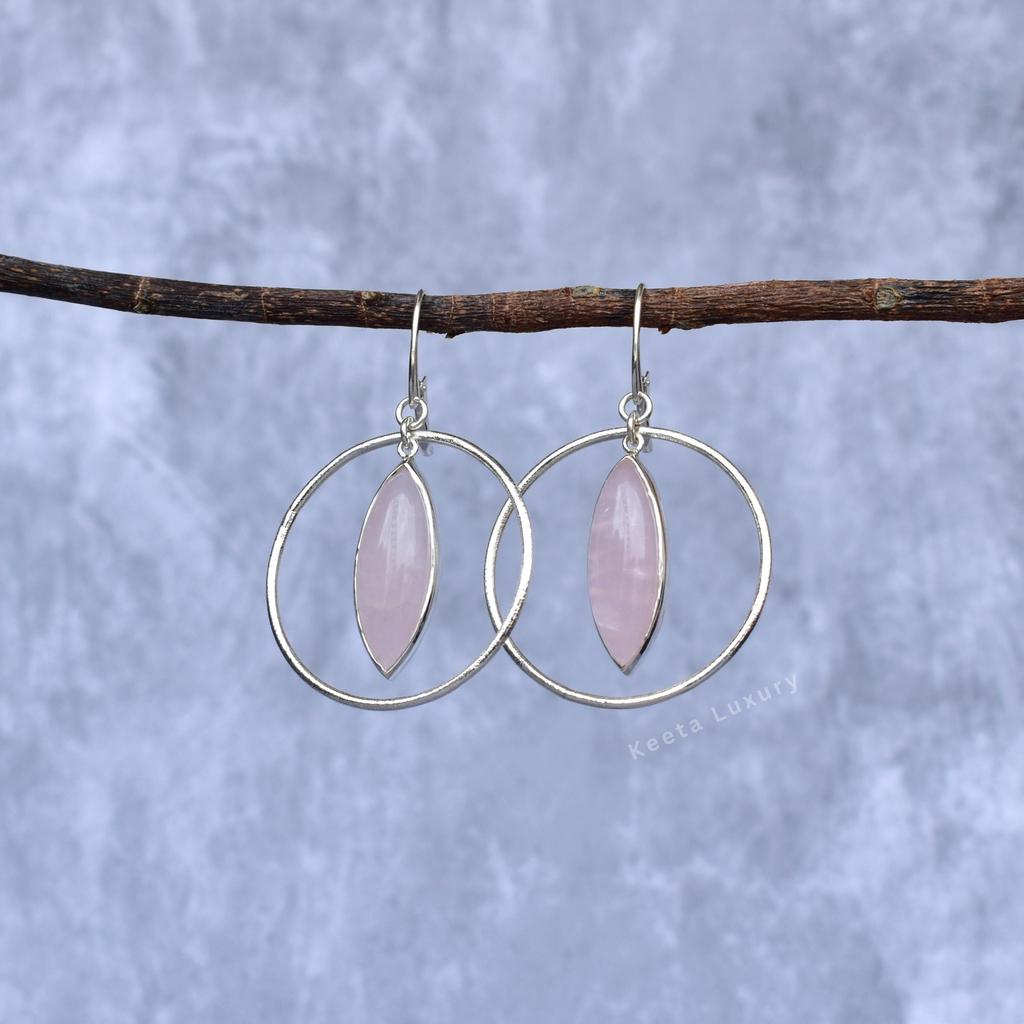 Natural Rose Quartz Hoop Earrings, Sterling Silver Stylish Dangler for Women, Unique Fashion Jewelry Gifts Ideas, Birthstone Earrings