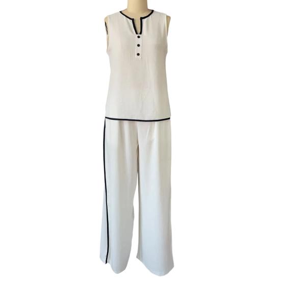 Damen Sommer 2-teilige Outfits Lässig Ärmellos Knopf V-Ausschnitt Oberteil Und Weite Hosen Urlaubs Lounge Sets mit Taschen