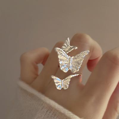 Plain Silver Butterfly Surround Opening Ring Light Luxury High-end Index Finger Ring Niche Design Fashion Temperament Jewelry