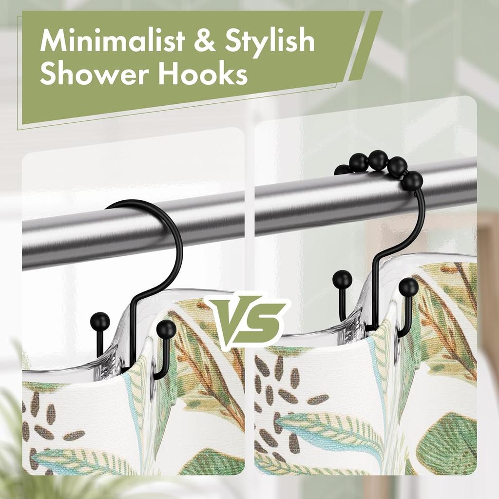 Amazer Black Shower Curtain Hooks, 12PCS Minimalist Simple Double Shower Curtain Rings, Rust-Resistant Metal Shower Hooks Shower Curtain Hangers,