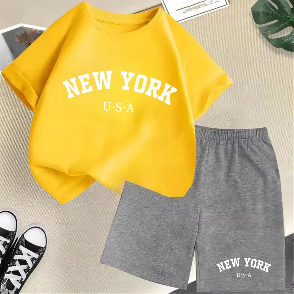2026 New Kids Boys Girls New York Letter Pattern Polyester T-shirt+Shorts 2-Piece Set Casual Daily