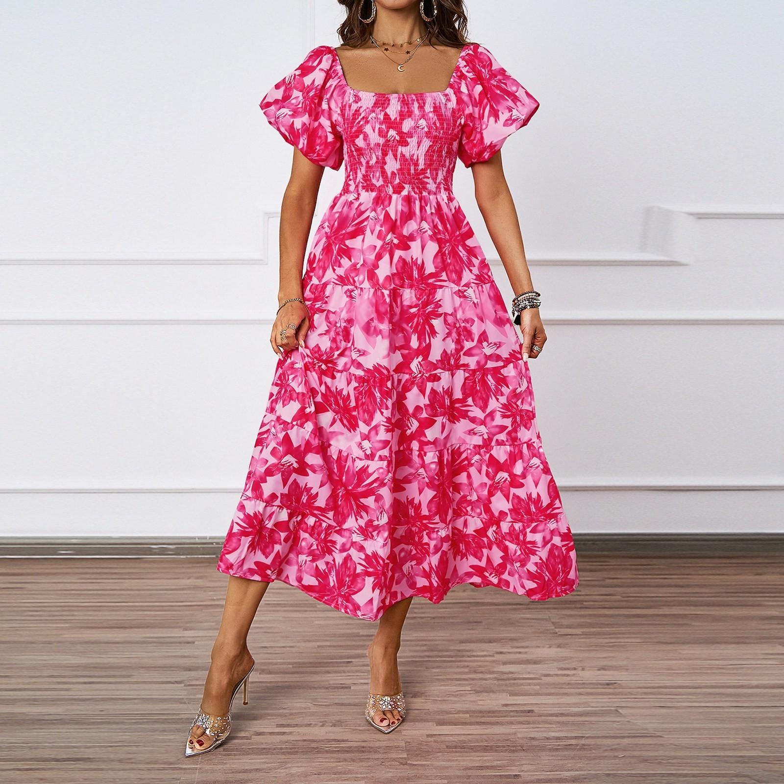 

Женское модное платье с квадратным вырезом и цветочным принтом, короткими рукавами и эффектом темперамента XL розовый