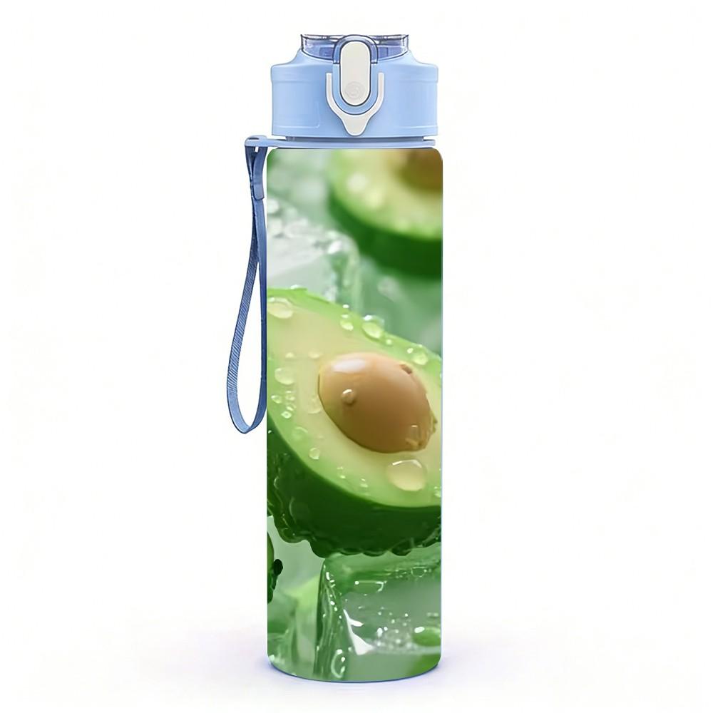 1PC Fresh Sliced Avocado Fruit Print 750ml Color Plastic Sports Water Bottle Leakproof Flip Straw Lid Suitable for Sports Office Home Use