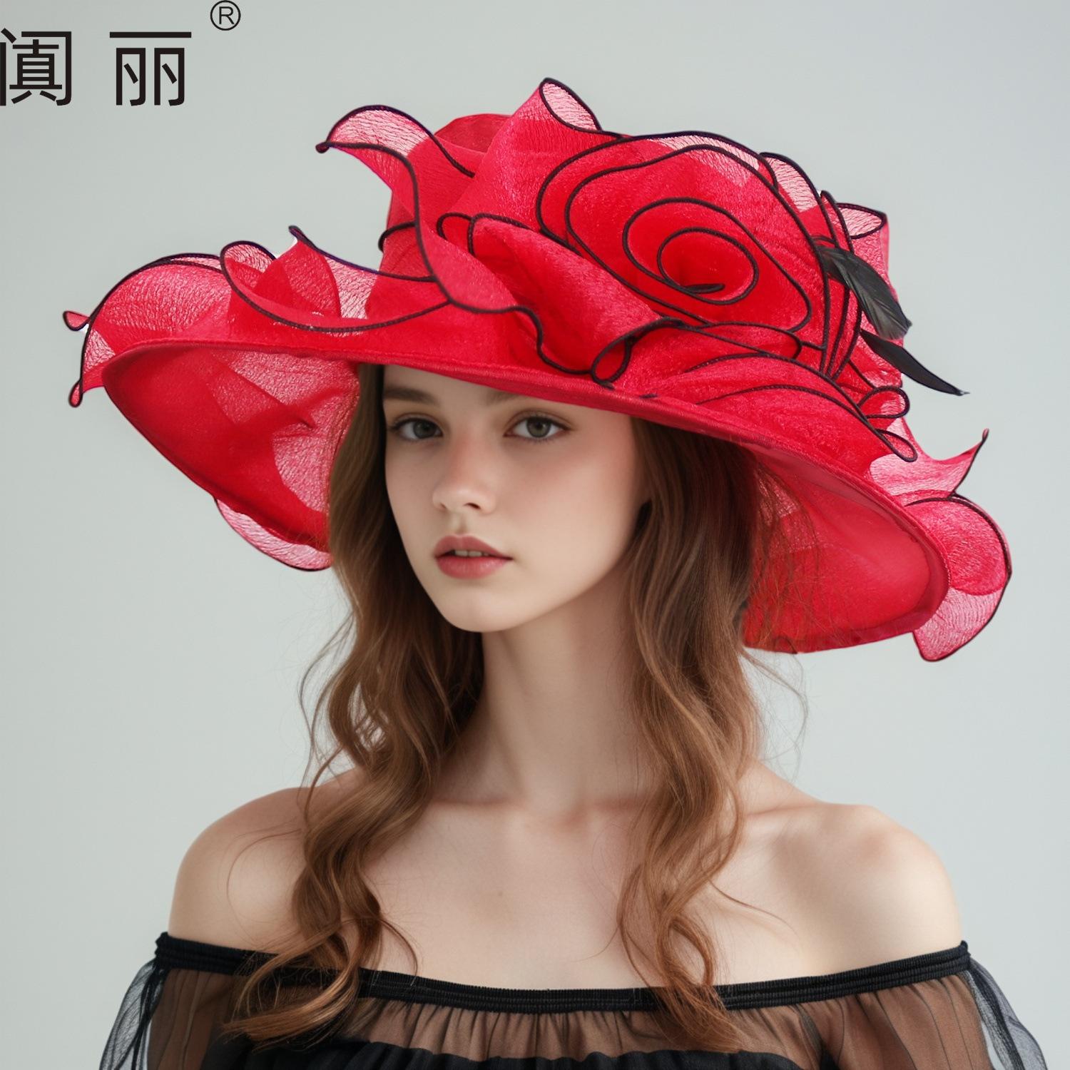 

Fashion organza hat women s summer elegant flower fashion big edge cool hat beach sun hat tide M（56-58cm）