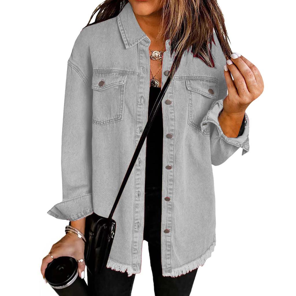 Women's Fashion Washed Denim Shirt Jacket With Frayed Hem Solid Color Outerwear