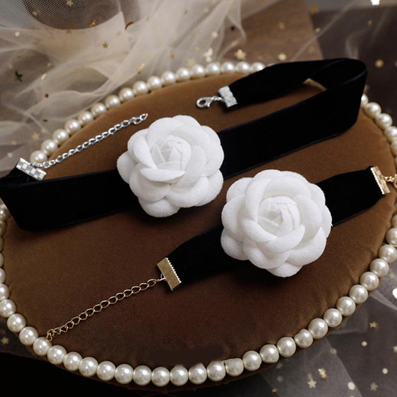 Elegant Camellia Choker Necklace Bracelet White Flower Collar Necklace Vintage Velvet Choker Bracelet Fashion Jewelry