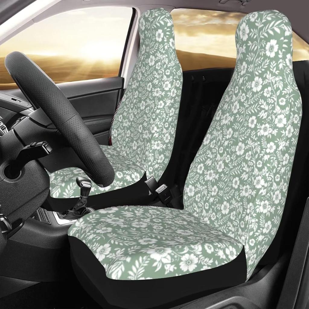 Floral Auto Seat Covers Cute Leaf Front Seat Protector Fit for Cars Sedan SUV Van Set of 2 Pcs, Sage Green Cloth Automotive Vehicle Seat Covers for