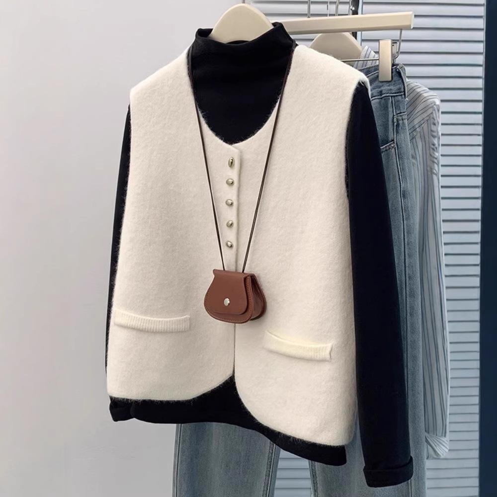 

Весна Осень Нишевый Премиальный Вязаный Жилет Женский Французский Элегантный Универсальный Модный Золотистая Пуговица Круглый Вырез Жилет Однотонный One size