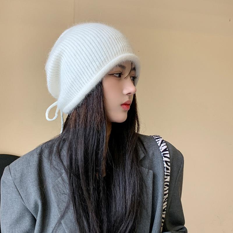 White Plush Hat for Women Rabbit Wool Knitted Pile Hat Autumn and Winter Wool Baotou Confinement Cold Hat