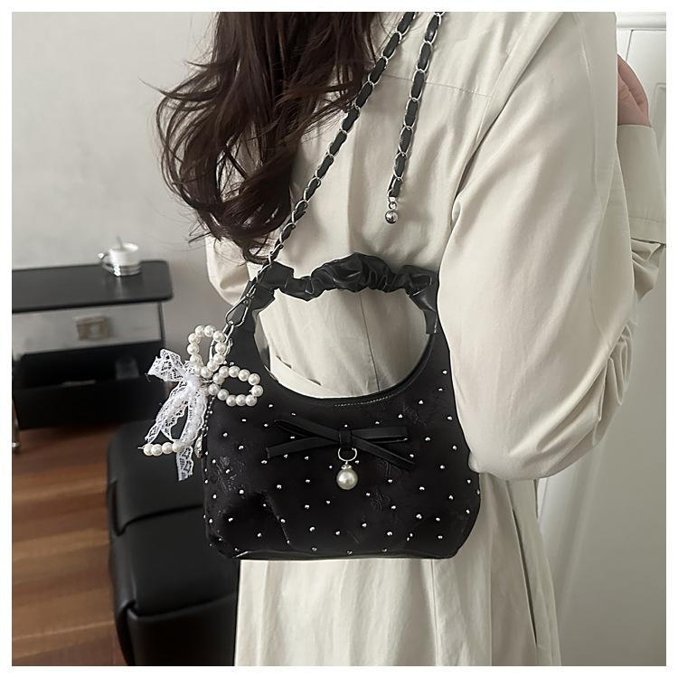 Sweet Polka Dot Bow Pearl Women Shoulder Bags Portable Ladies Chain Crossbody Bag Pleated Design Female Hobos Handbags Purse