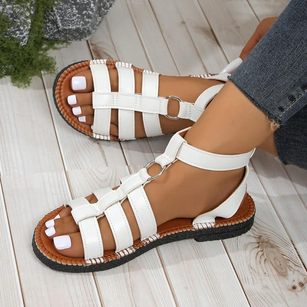 Fashion Sandals Women's 2025 Fashion Leather PU Round Toe Ankle Metal Buckle Platform Women's Shoes Handmade Flat Sandals in Summer