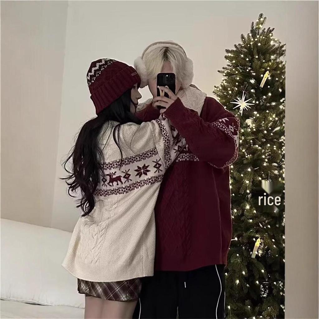 Fair Isle Retro Knit Crew Neck Pullover for Men & Women - Thick, Cozy Autumn/Winter Sweater for Couples