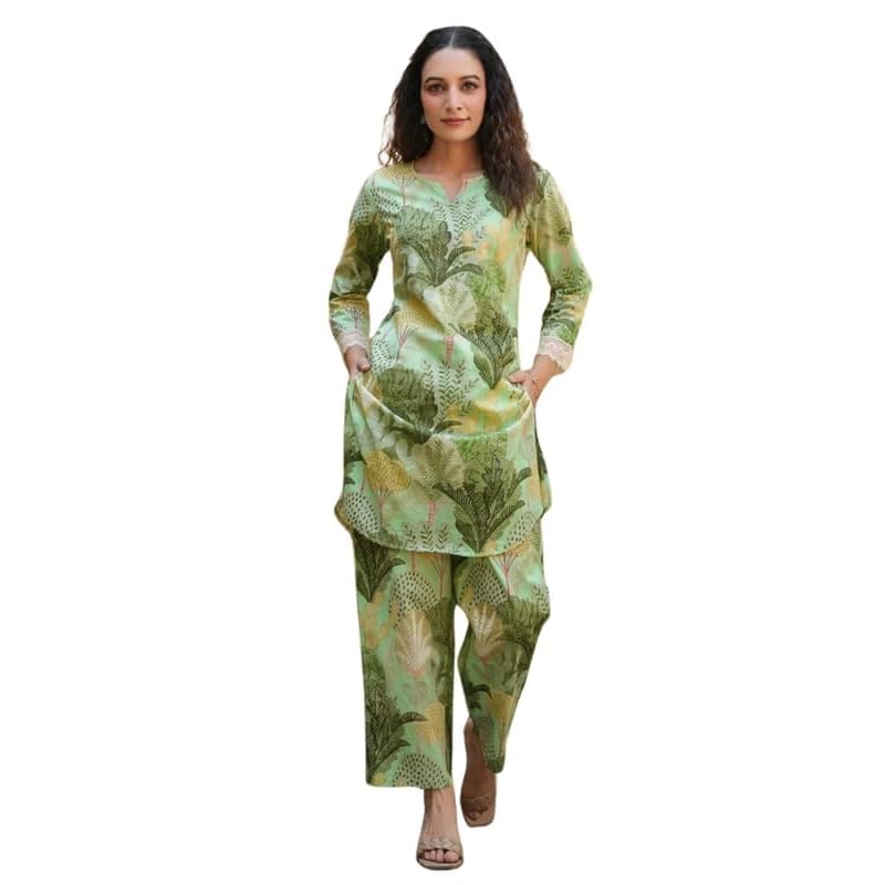 NAINVISH Women's Green Printed Straight Cotton Blend V-Neck Co-ord Set (SD682_KB-XL)