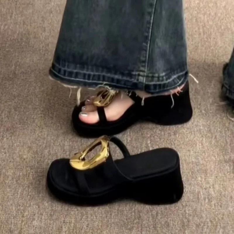 Fashion Summer New Style Slope Heel Sandals Women's Round Head Metal Buckle Waterproof Table Anti-slip Wear-resistant Slippers