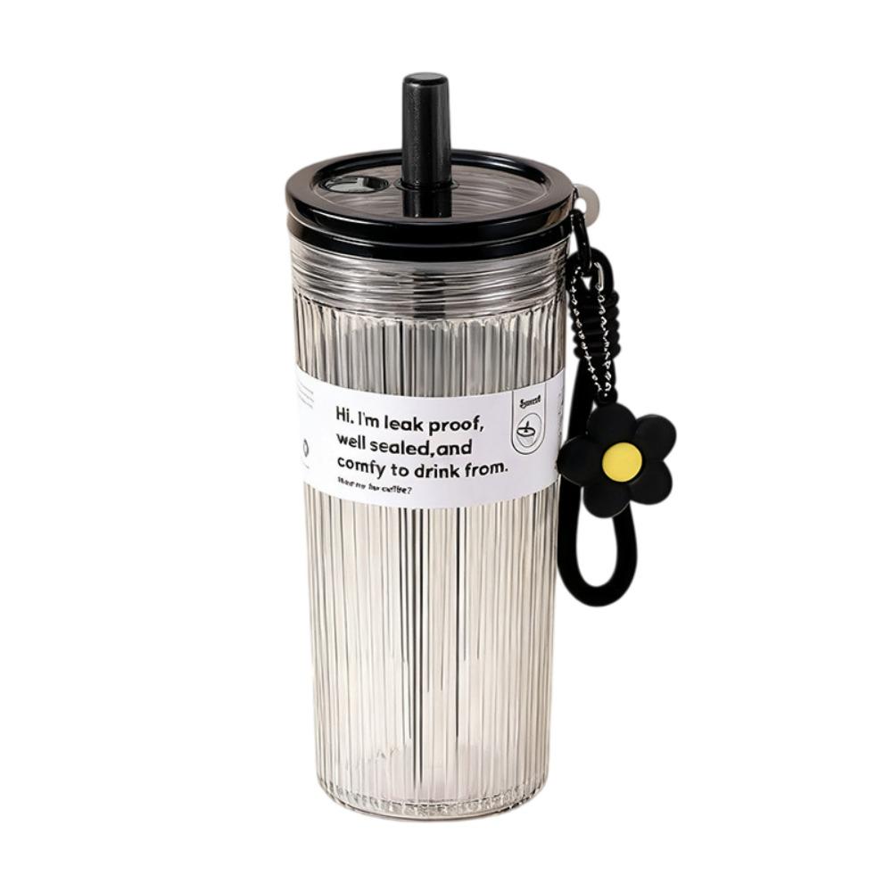

650ML Large Capacity Summer Plastic Straw Cup Leak Proof Flower pendant Drinking Cup Transparent with Lid & Hanging rope чёрный