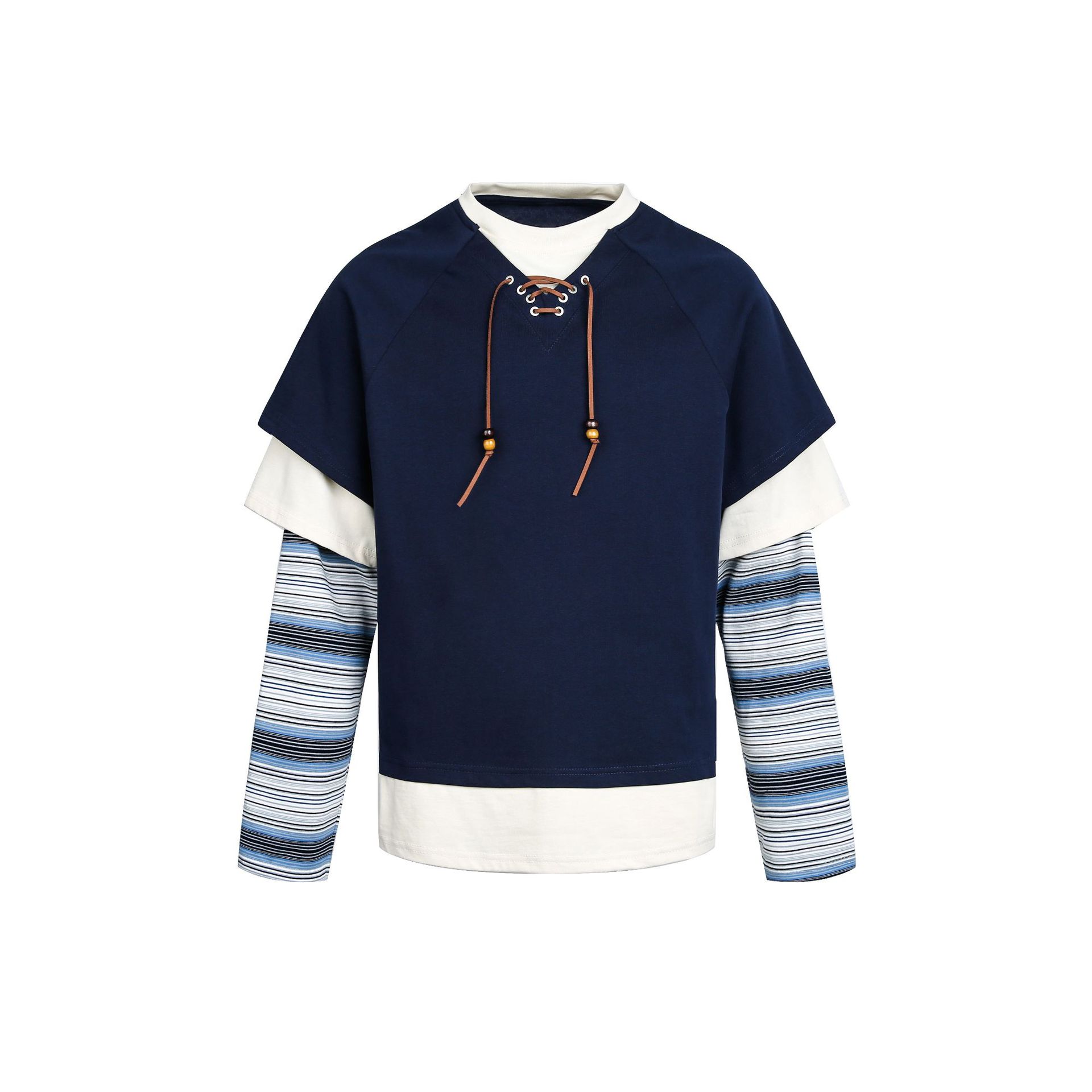 Men s spring American retro nomad sweater V-neck fake two-piece tether bottoming shirt M тёмно-синий