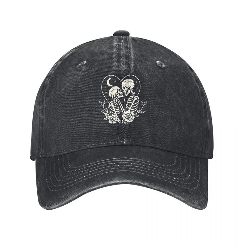 Skull Flower Embroidered Washed Cotton Baseball Cap Vintage Unisex Adjustable Hat for Daily Casual Wear