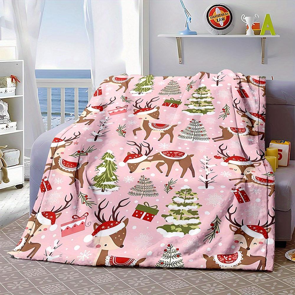 Cozy Pink Christmas Reindeer & Tree Print Flannel Throw Blanket - Soft, Warm, and Versatile for All Seasons - Perfect Gift for