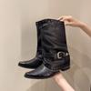 Yueyu Versatile Folded Western Women's Cowhide Pointed V-mouth Skinny Thick Heel Black Niche Rivet Knight Boots Women