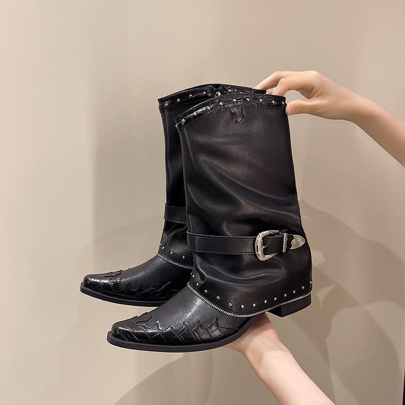 Yueyu Versatile Folded Western Women's Cowhide Pointed V-mouth Skinny Thick Heel Black Niche Rivet Knight Boots Women