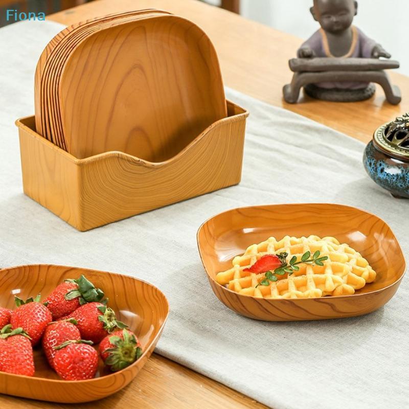 Wood Grain Plastic Serving Tray & Bowl Set,Multi-Shape Reusable Tableware for Fruit,Snack & Kitchen Storage with Storage Holder