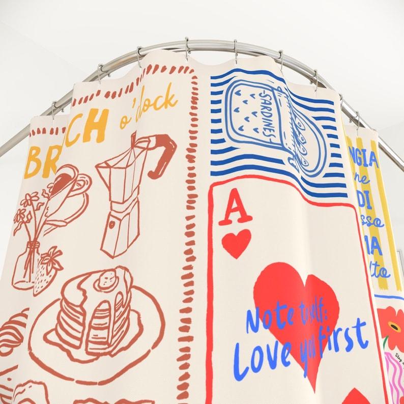 Hand Drawn Doodle Brunch Shower Curtain With Coffee Pastry Lobster Pattern, Unique Bathroom Decor For Housewarming Gift