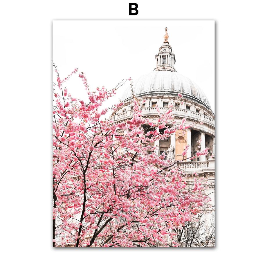 Pink Paris Building Car Cherry Blossom Rose Wall Art Canvas Painting Nordic Landscape Posters Prints Pictures Living Room Decor