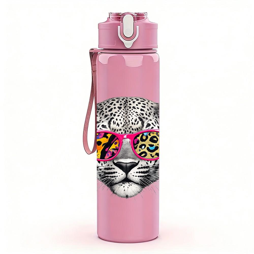 1PC Fashion Sunglasses Leopard Cat Print 750ml Color Plastic Sports Water Bottle Leakproof Flip Straw Lid Suitable for Sports Office Home Use