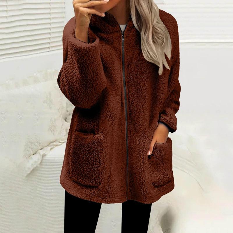Women S Loose Plush Long Sleeve Hooded Zip Up Cardigan Coat