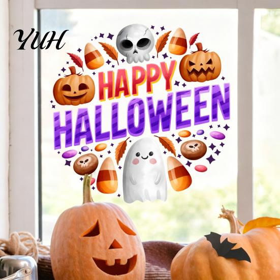 Waterproof PVC Party Decorations Halloween Window Clings, Cute Ghost Pumpkin Skull Happy Sticker, Reusable Decorative Holiday Film Double Sided Static