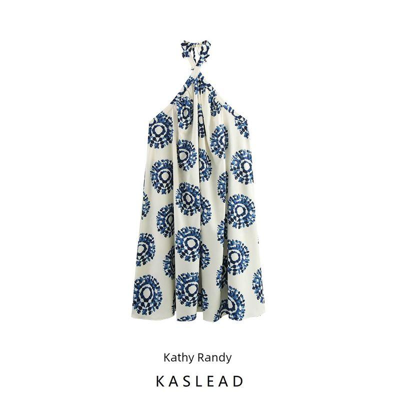Kaslead New Arrival Women's Clothing Fashion Style Fashion Tie-Dye Florals Print Vacation Style Halterneck Dress