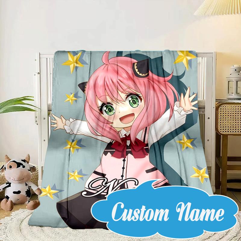 Custom Name Pink Hair Anya Blanket Bed Sofa Blanket Flannel Blanket for Camping, Hiking, Picnic Essentials,gift for Fan Family